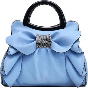 Women's PU Leather 3DLarge Bow Handbag, Simple Candy Color Ladies Shoulder Satchel Work Tote Bag (Blue)