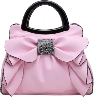 Women's PU Leather 3DLarge Bow Handbag, Simple Candy Color Ladies Shoulder Satchel Work Tote Bag (Pink)