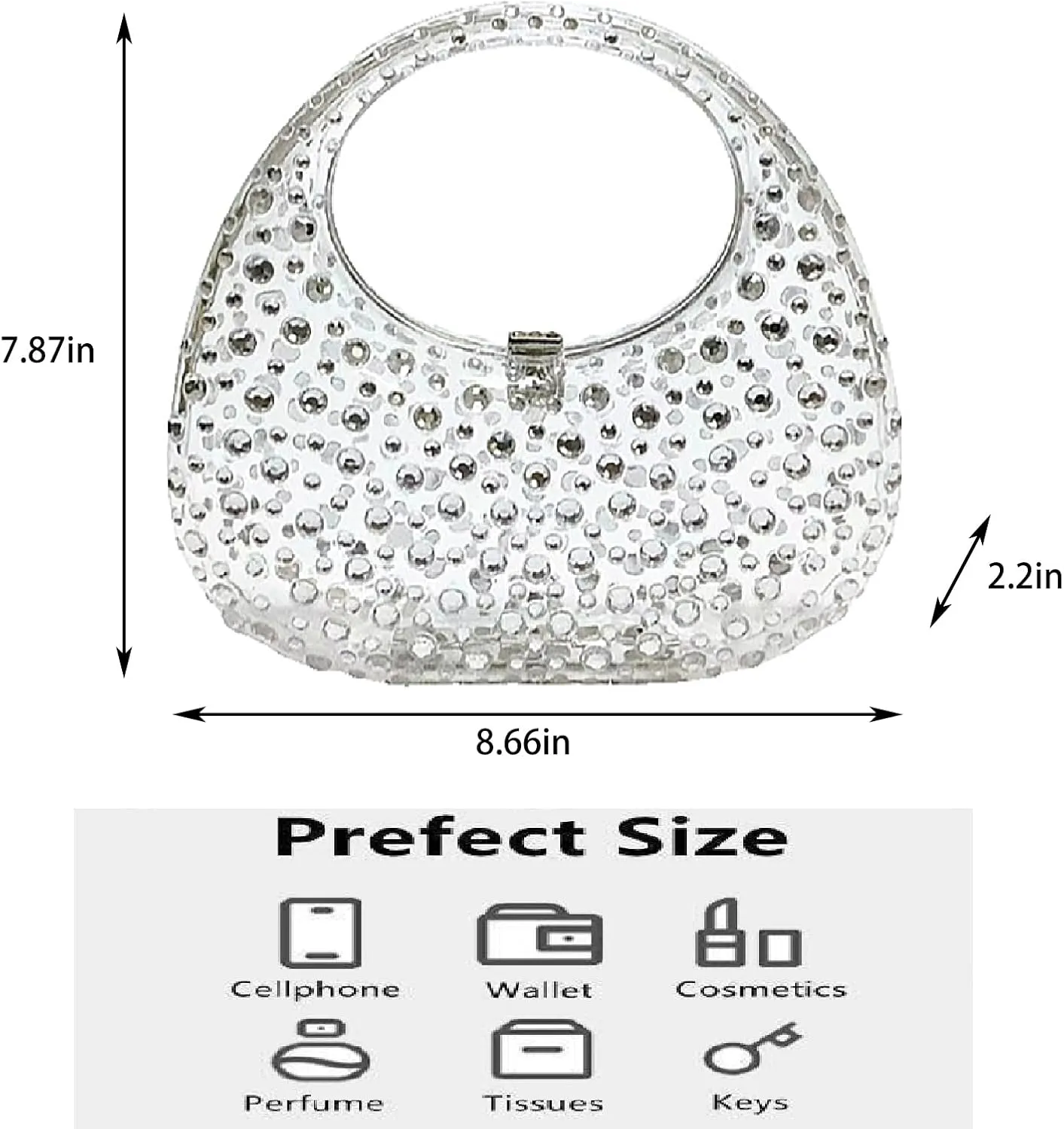 Women's Rhinestone Clear Acrylic Handbag Fashion Jelly Color Shoulder Moon Bags Evening Clutch Underarm Small Purse