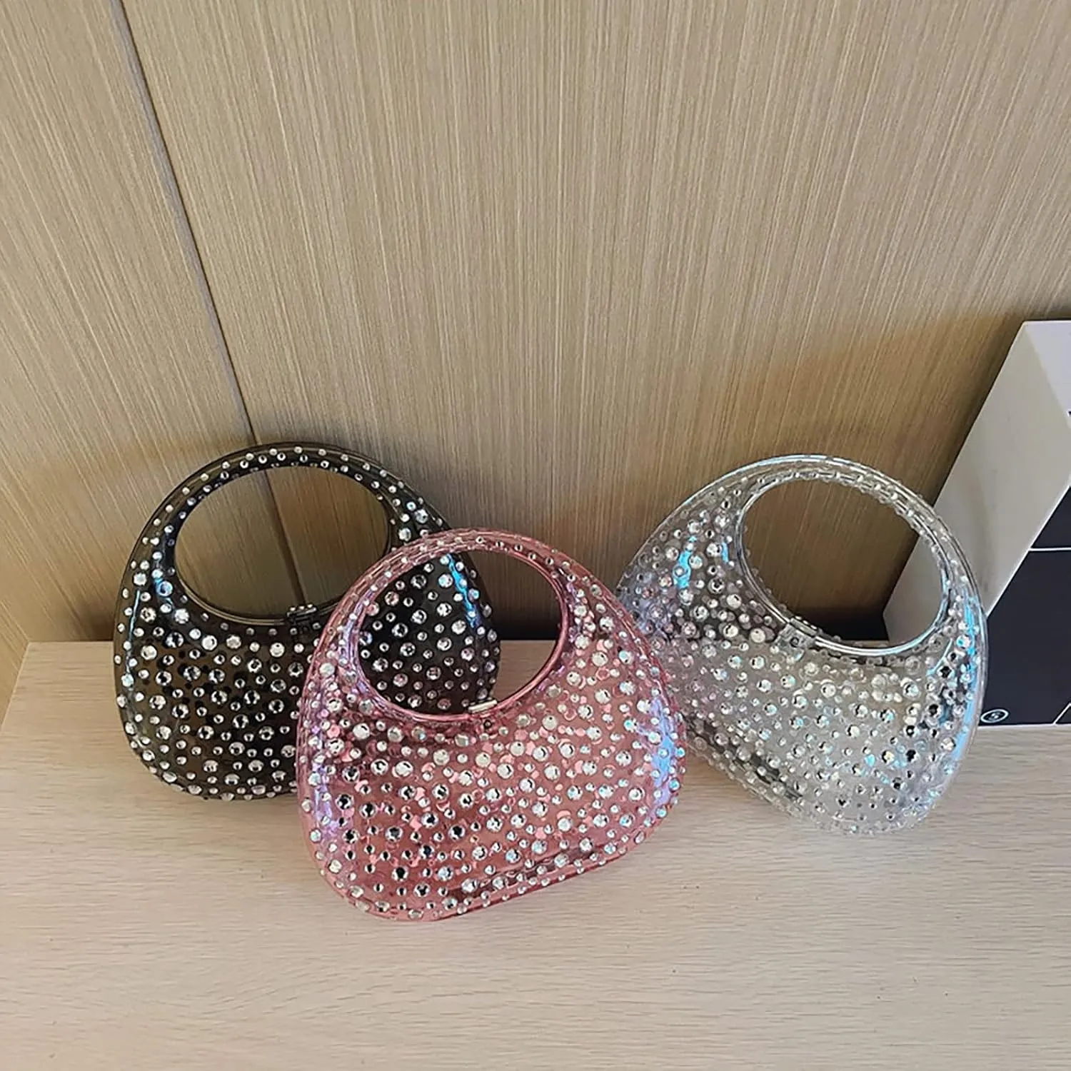 Women's Rhinestone Clear Acrylic Handbag Fashion Jelly Color Shoulder Moon Bags Evening Clutch Underarm Small Purse