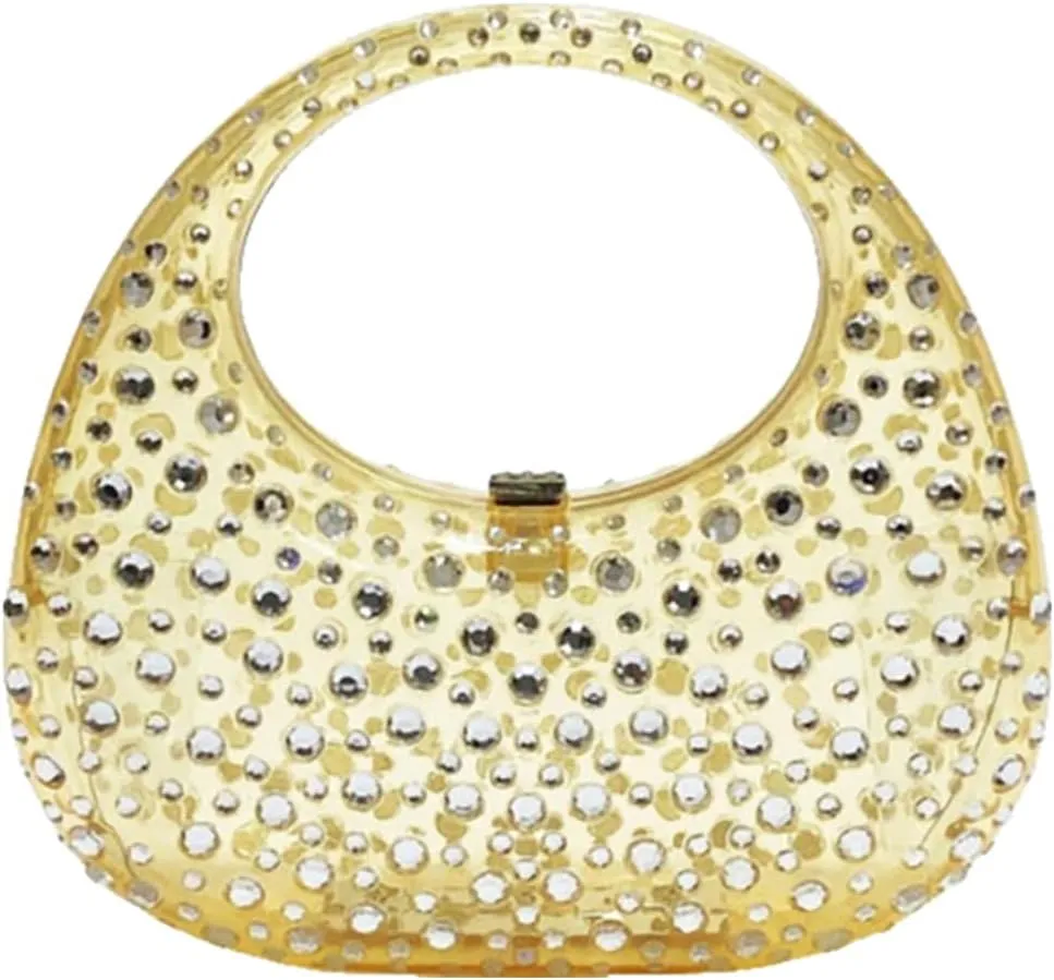 Women's Rhinestone Clear Acrylic Handbag Fashion Jelly Color Shoulder Moon Bags Evening Clutch Underarm Small Purse