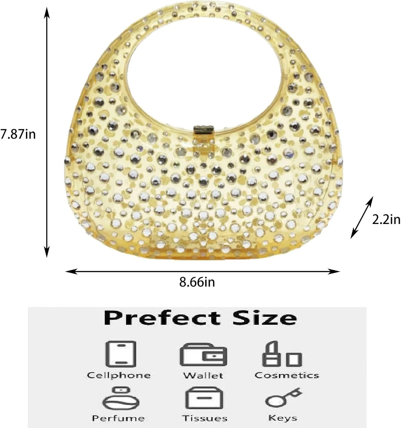 Women's Rhinestone Clear Acrylic Handbag Fashion Jelly Color Shoulder Moon Bags Evening Clutch Underarm Small Purse