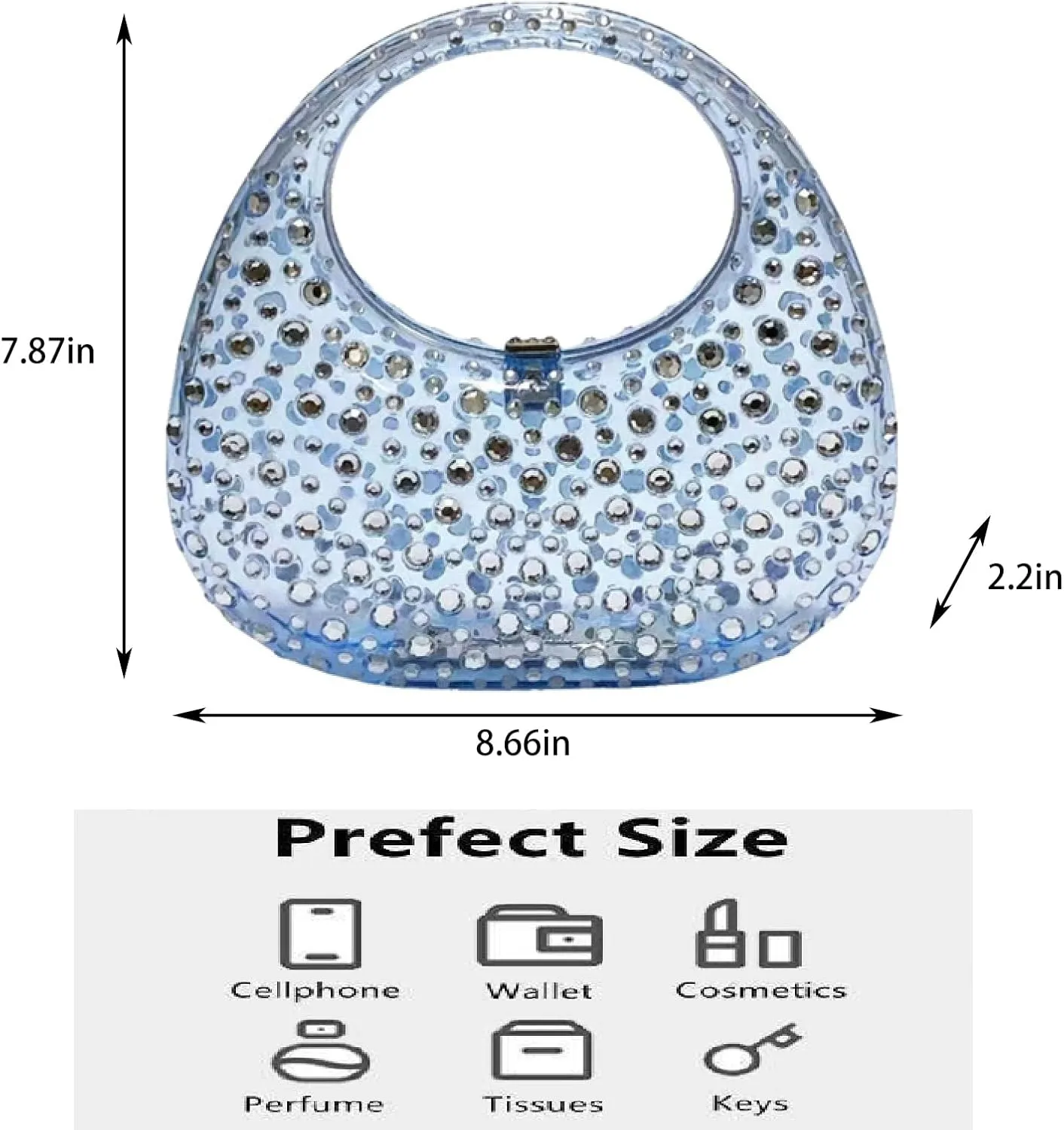 Women's Rhinestone Clear Acrylic Handbag Fashion Jelly Color Shoulder Moon Bags Evening Clutch Underarm Small Purse