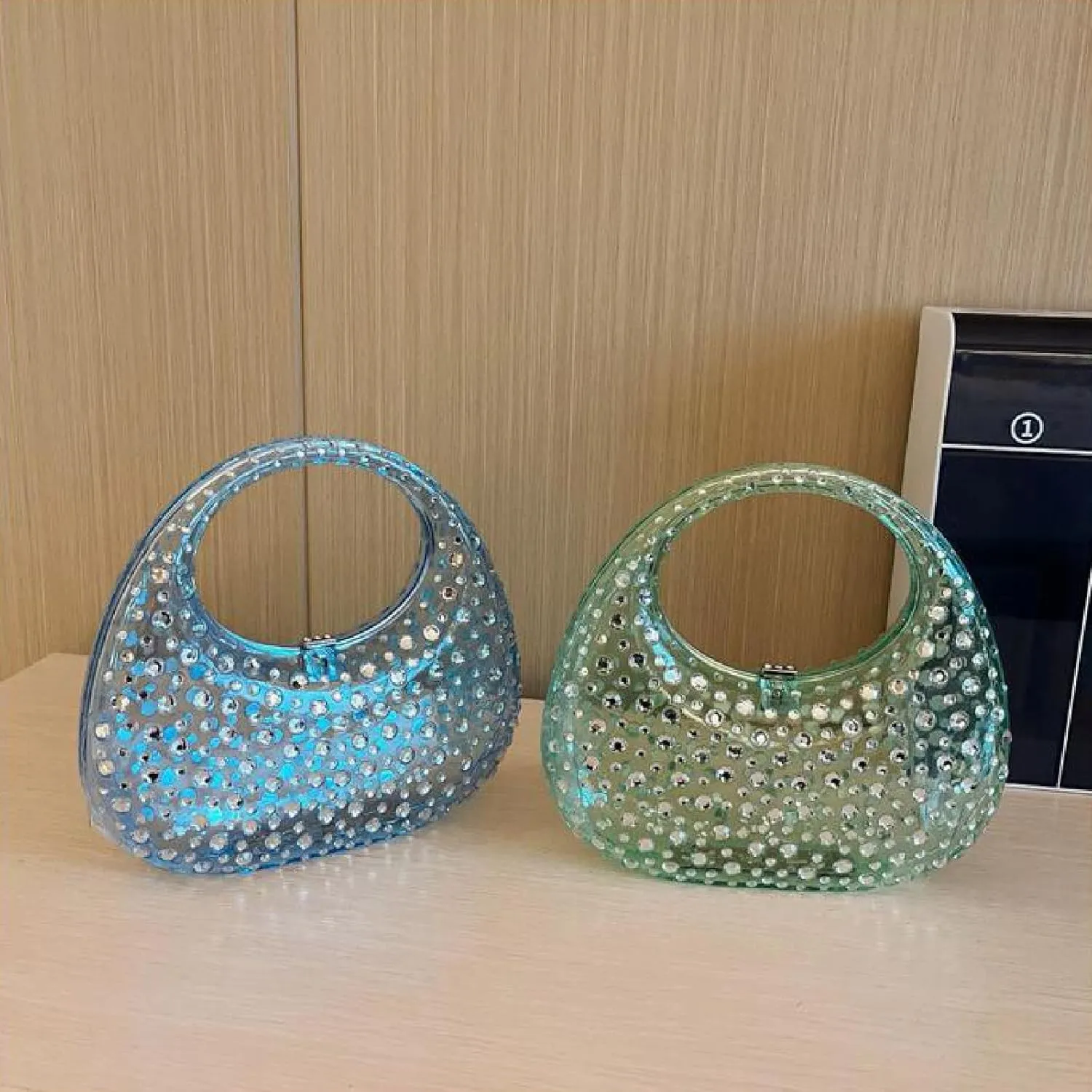 Women's Rhinestone Clear Acrylic Handbag Fashion Jelly Color Shoulder Moon Bags Evening Clutch Underarm Small Purse