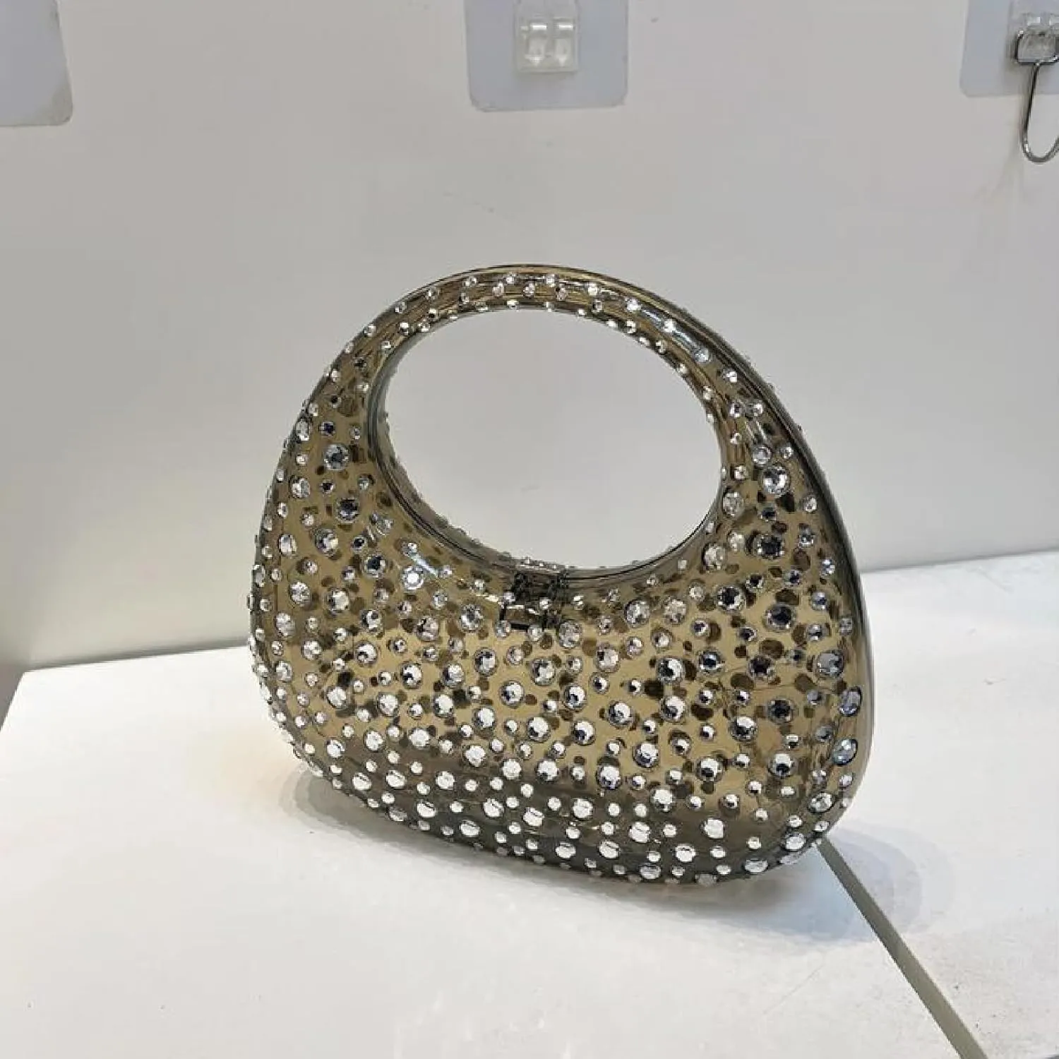 Women's Rhinestone Clear Acrylic Handbag Fashion Jelly Color Shoulder Moon Bags Evening Clutch Underarm Small Purse
