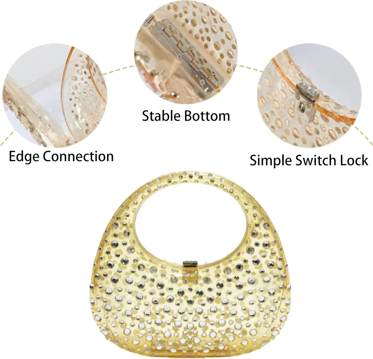Women's Rhinestone Clear Acrylic Handbag Fashion Jelly Color Shoulder Moon Bags Evening Clutch Underarm Small Purse
