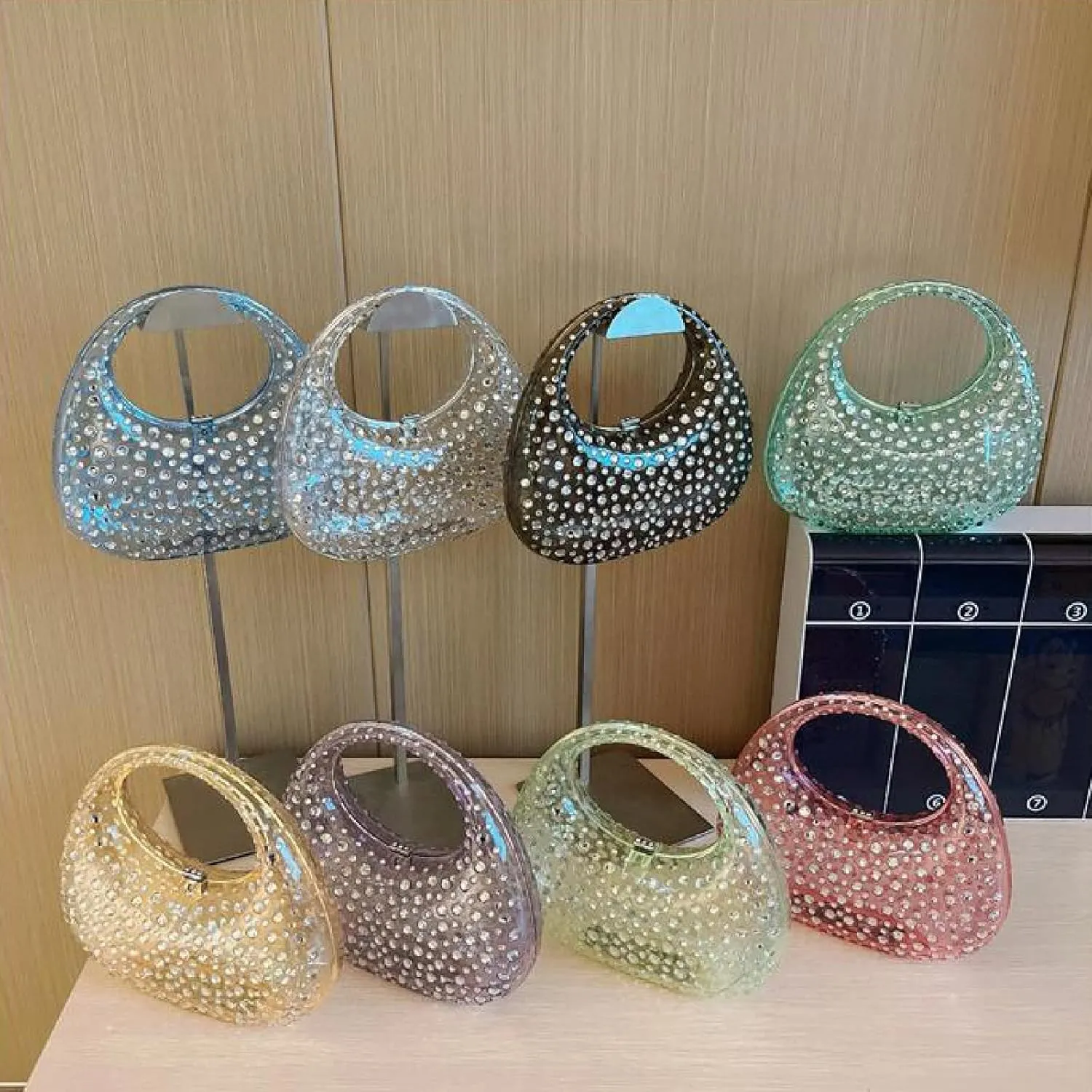 Women's Rhinestone Clear Acrylic Handbag Fashion Jelly Color Shoulder Moon Bags Evening Clutch Underarm Small Purse