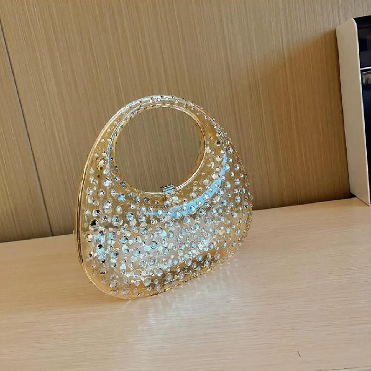 Women's Rhinestone Clear Acrylic Handbag Fashion Jelly Color Shoulder Moon Bags Evening Clutch Underarm Small Purse