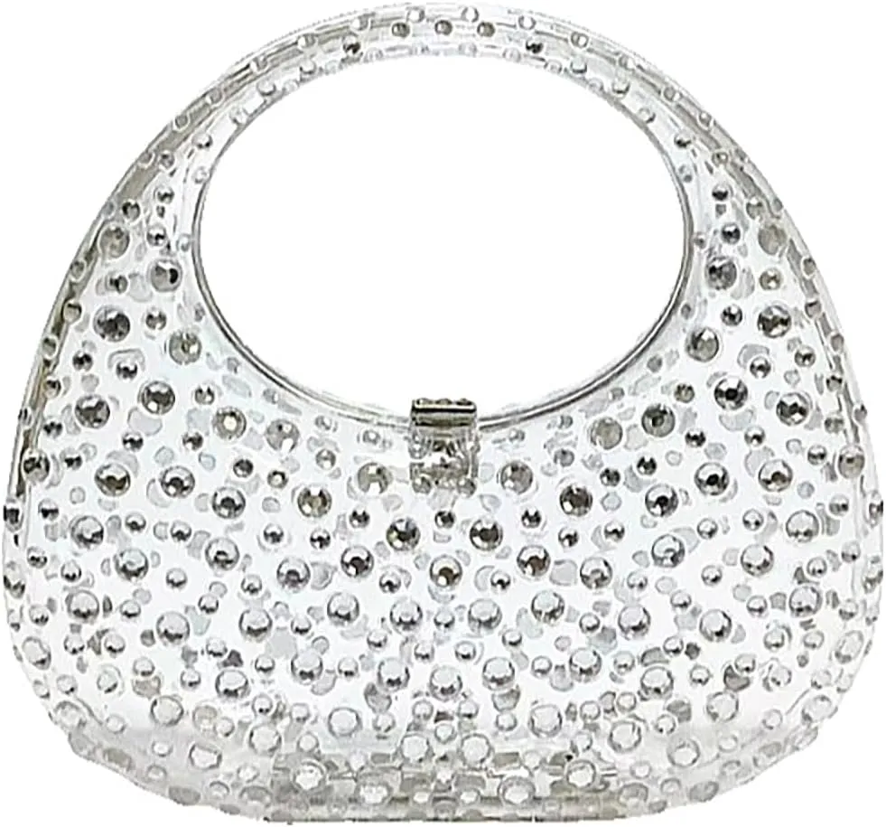 Women's Rhinestone Clear Acrylic Handbag Fashion Jelly Color Shoulder Moon Bags Evening Clutch Underarm Small Purse