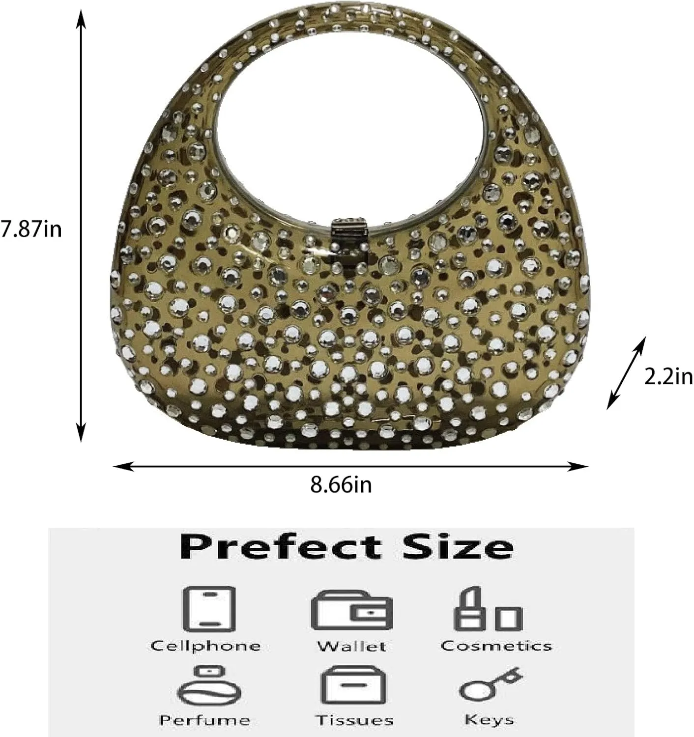 Women's Rhinestone Clear Acrylic Handbag Fashion Jelly Color Shoulder Moon Bags Evening Clutch Underarm Small Purse