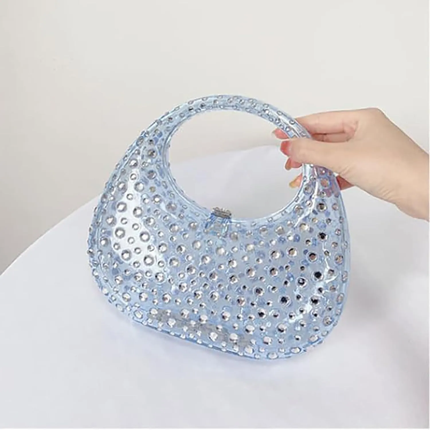 Women's Rhinestone Clear Acrylic Handbag Fashion Jelly Color Shoulder Moon Bags Evening Clutch Underarm Small Purse
