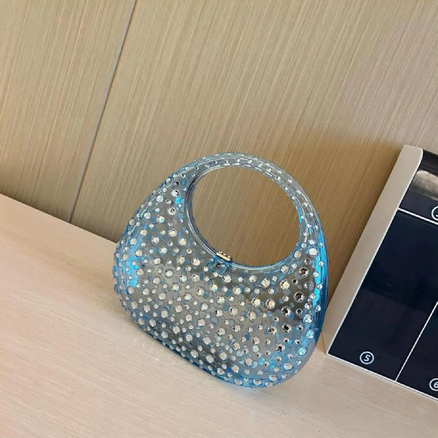 Women's Rhinestone Clear Acrylic Handbag Fashion Jelly Color Shoulder Moon Bags Evening Clutch Underarm Small Purse