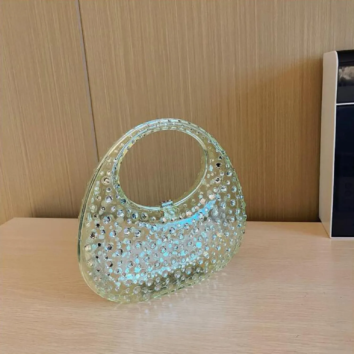 Women's Rhinestone Clear Acrylic Handbag Fashion Jelly Color Shoulder Moon Bags Evening Clutch Underarm Small Purse