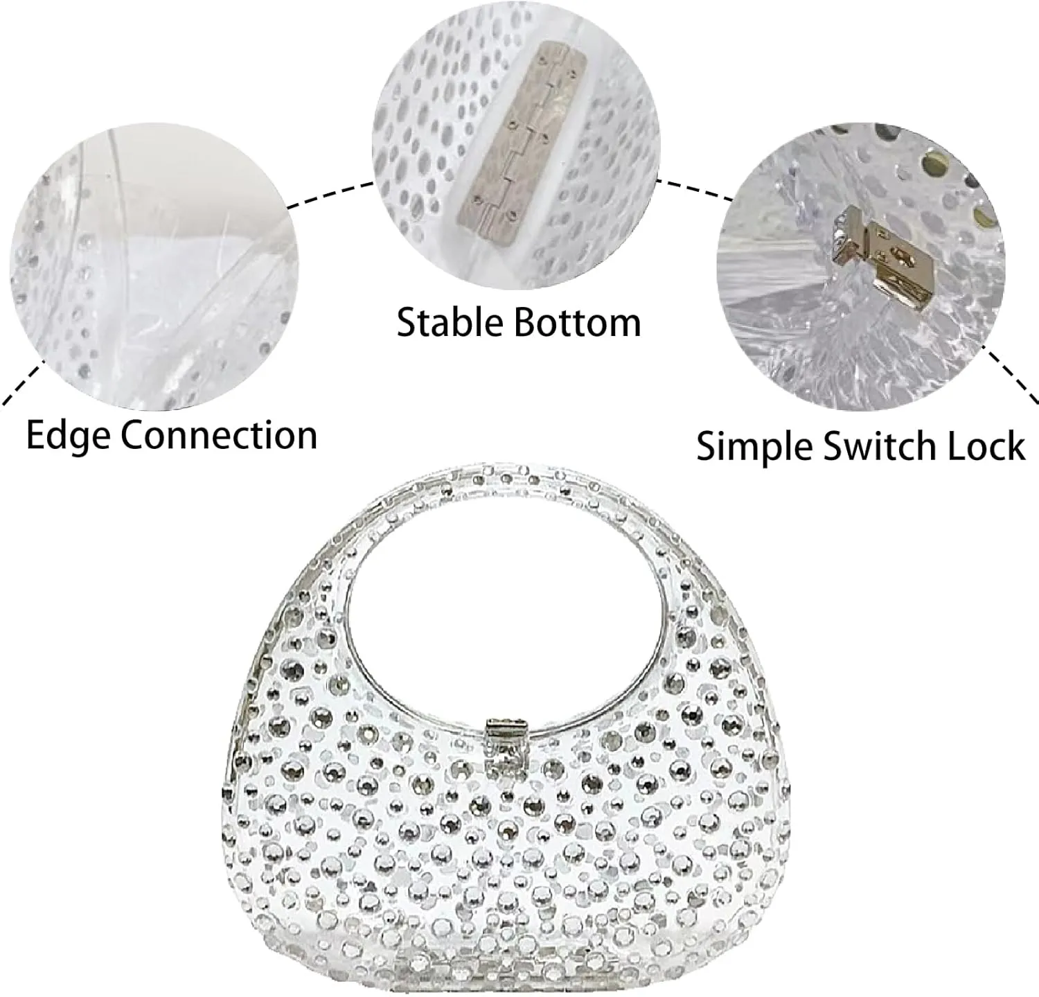 Women's Rhinestone Clear Acrylic Handbag Fashion Jelly Color Shoulder Moon Bags Evening Clutch Underarm Small Purse