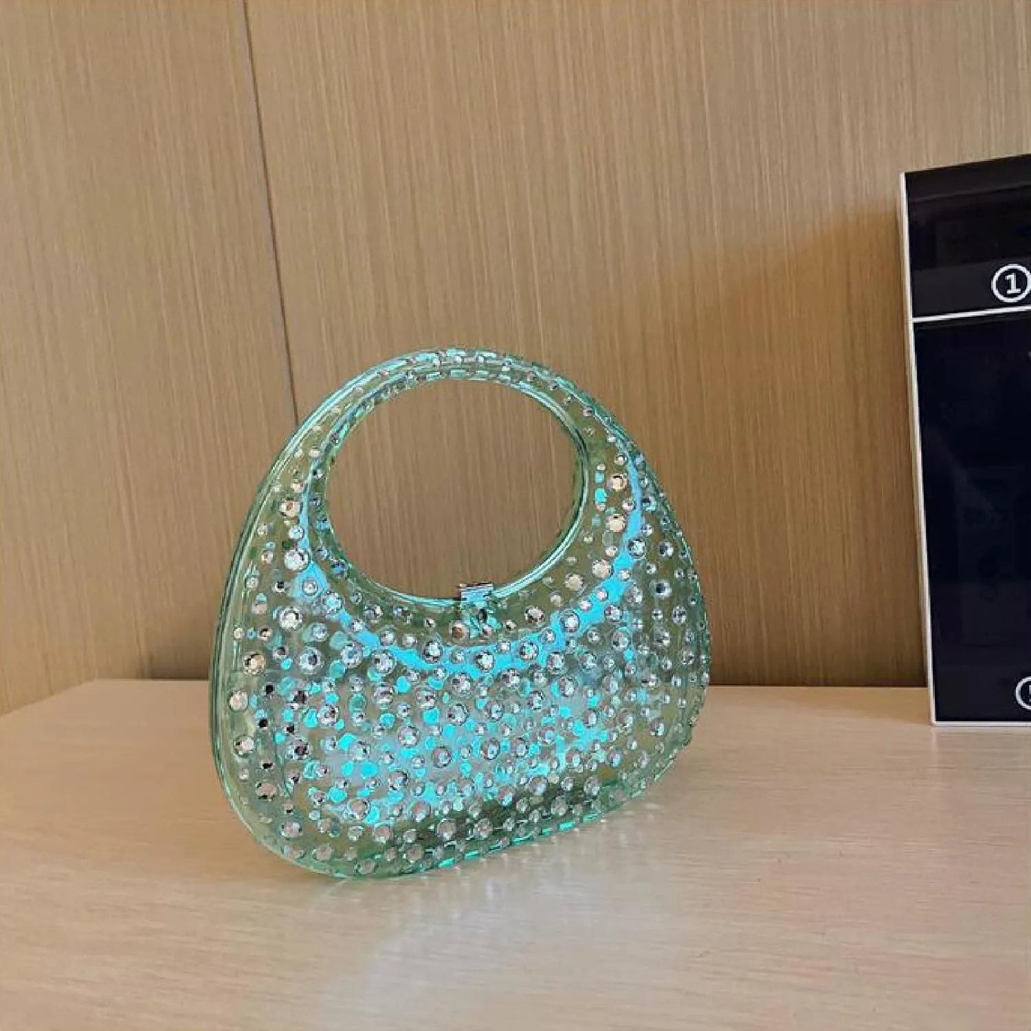 Women's Rhinestone Clear Acrylic Handbag Fashion Jelly Color Shoulder Moon Bags Evening Clutch Underarm Small Purse