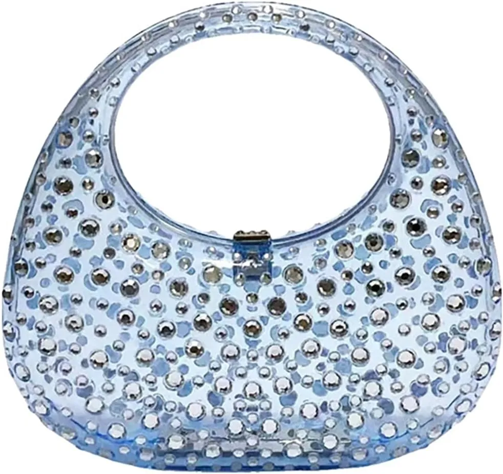 Women's Rhinestone Clear Acrylic Handbag Fashion Jelly Color Shoulder Moon Bags Evening Clutch Underarm Small Purse