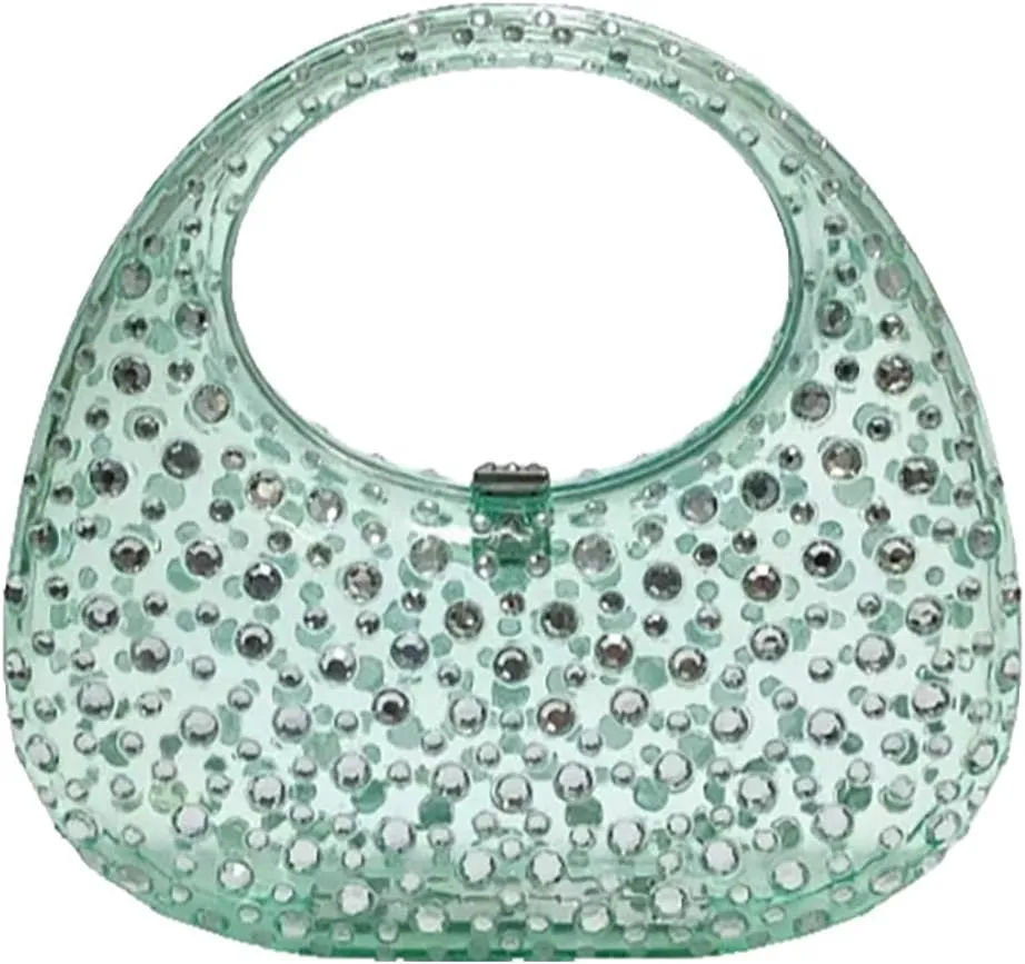 Women's Rhinestone Clear Acrylic Handbag Fashion Jelly Color Shoulder Moon Bags Evening Clutch Underarm Small Purse