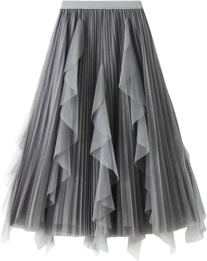 Women's Ruffled Tulle Midi Skirt High Waist Pleated A-line Skirt for Elegant and Casual Occasions 2025 Summer Fashion