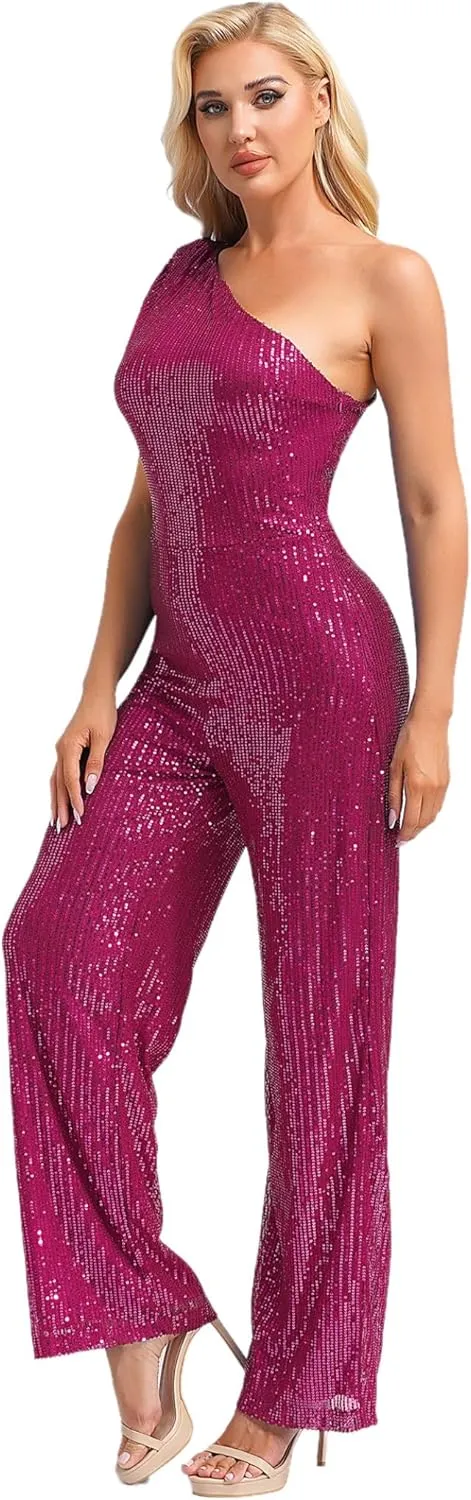 Women's Sequin Elegant Dressy Jumpsuits One Shoulder Cocktail Party Rompers Plus Size Wide Leg Long Pants
