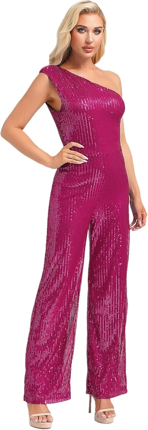 Women's Sequin Elegant Dressy Jumpsuits One Shoulder Cocktail Party Rompers Plus Size Wide Leg Long Pants