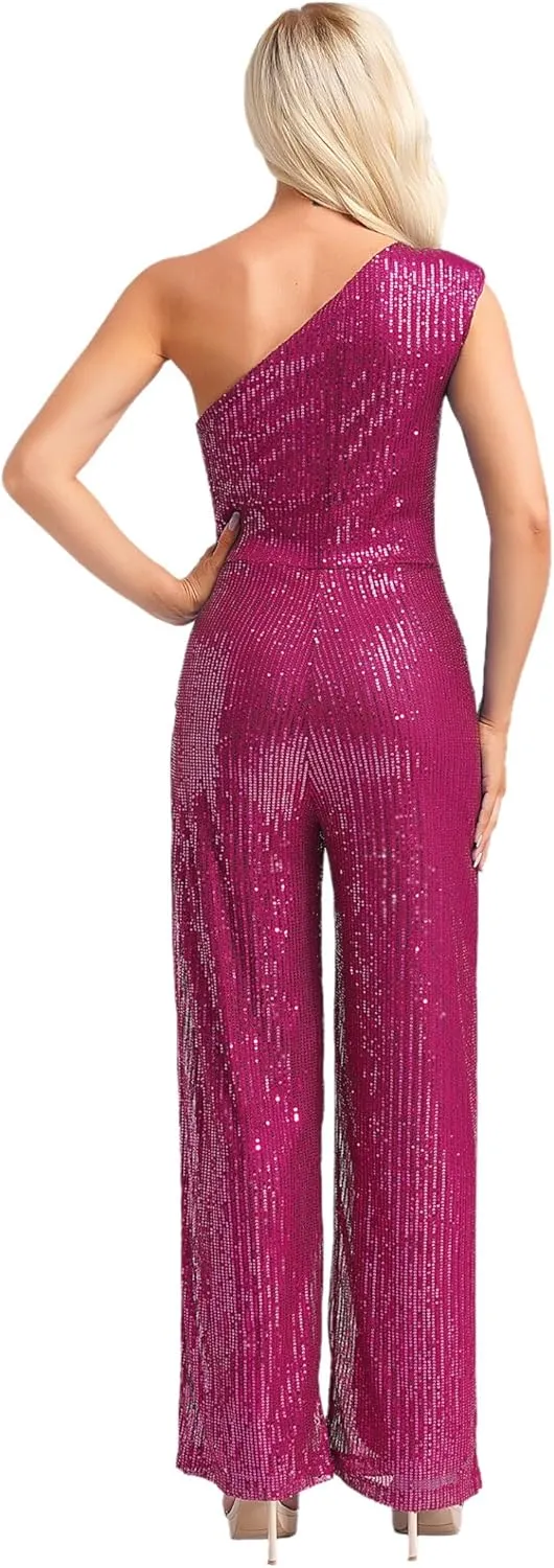 Women's Sequin Elegant Dressy Jumpsuits One Shoulder Cocktail Party Rompers Plus Size Wide Leg Long Pants