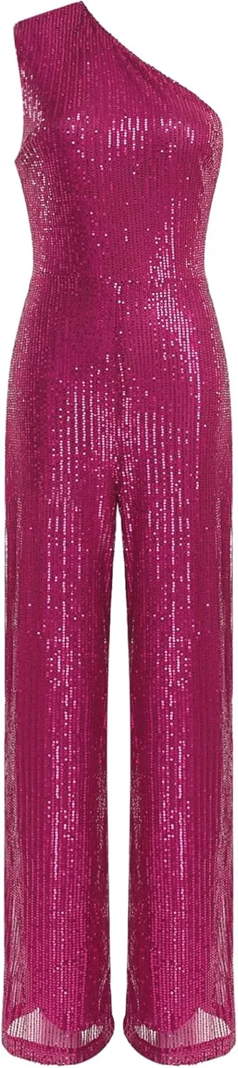 Women's Sequin Elegant Dressy Jumpsuits One Shoulder Cocktail Party Rompers Plus Size Wide Leg Long Pants