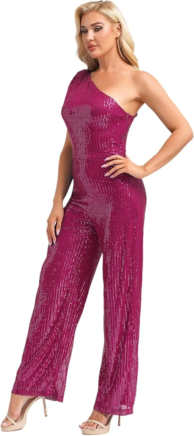 Women's Sequin Elegant Dressy Jumpsuits One Shoulder Cocktail Party Rompers Plus Size Wide Leg Long Pants