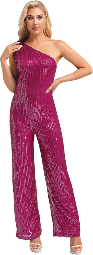 Women's Sequin Elegant Dressy Jumpsuits One Shoulder Cocktail Party Rompers Plus Size Wide Leg Long Pants