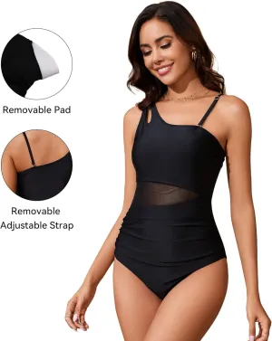 Women's Sexy One Shoulder One Piece Swimsuit for Women Tummy Control Bathing Suits Slimming Mesh Swimwear