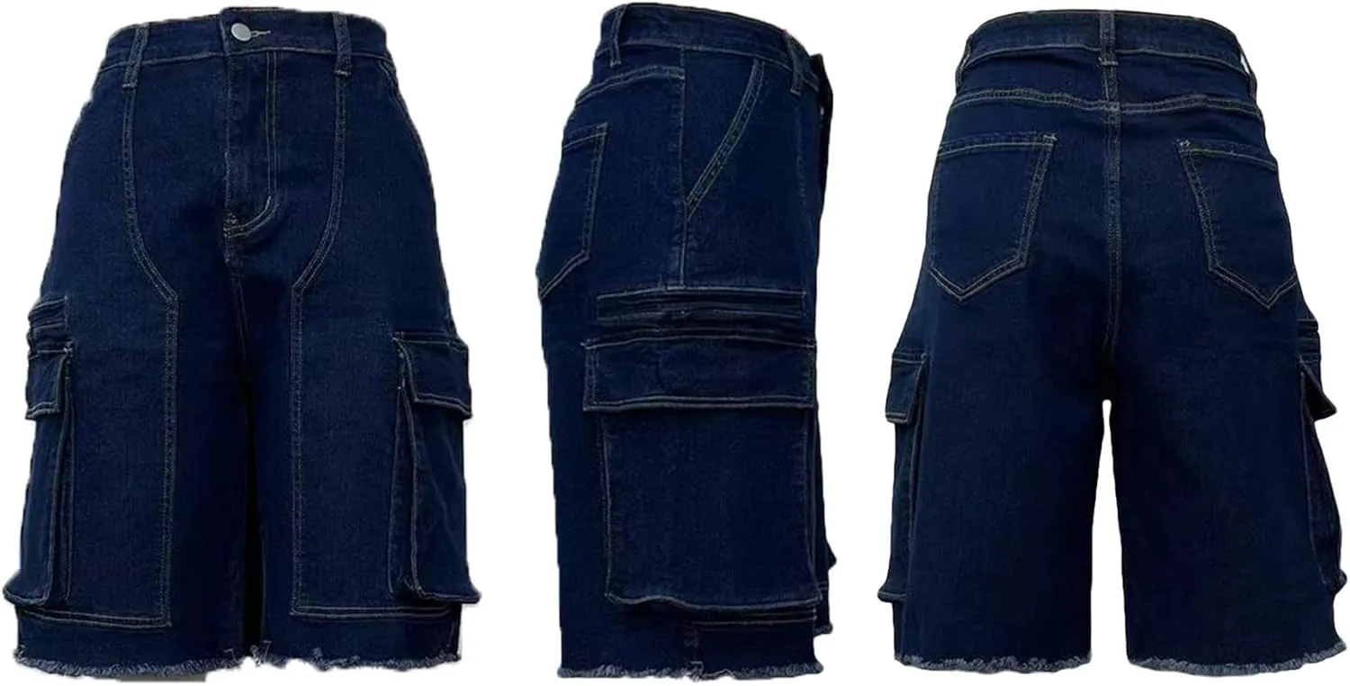 Women's Summer Bermuda Knee Length Denim Shorts High Waist Casual Baggy Cargo Short Jean Pants Trendy