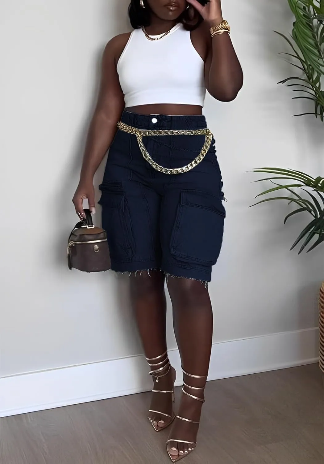 Women's Summer Bermuda Knee Length Denim Shorts High Waist Casual Baggy Cargo Short Jean Pants Trendy