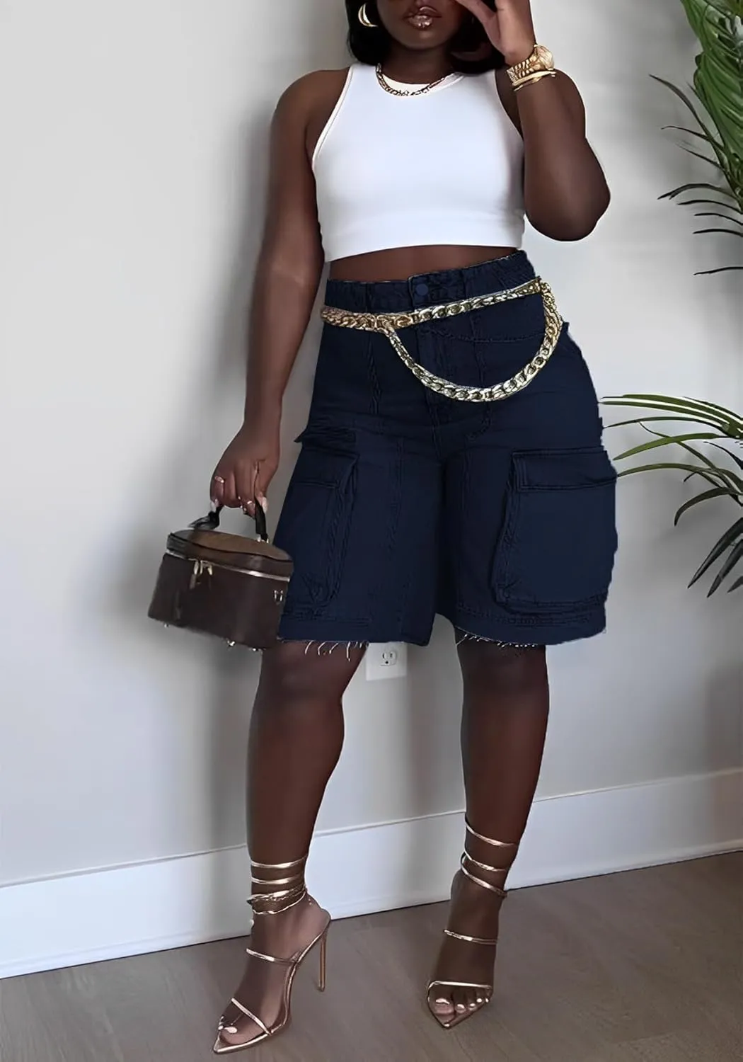 Women's Summer Bermuda Knee Length Denim Shorts High Waist Casual Baggy Cargo Short Jean Pants Trendy