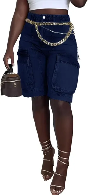 Women's Summer Bermuda Knee Length Denim Shorts High Waist Casual Baggy Cargo Short Jean Pants Trendy