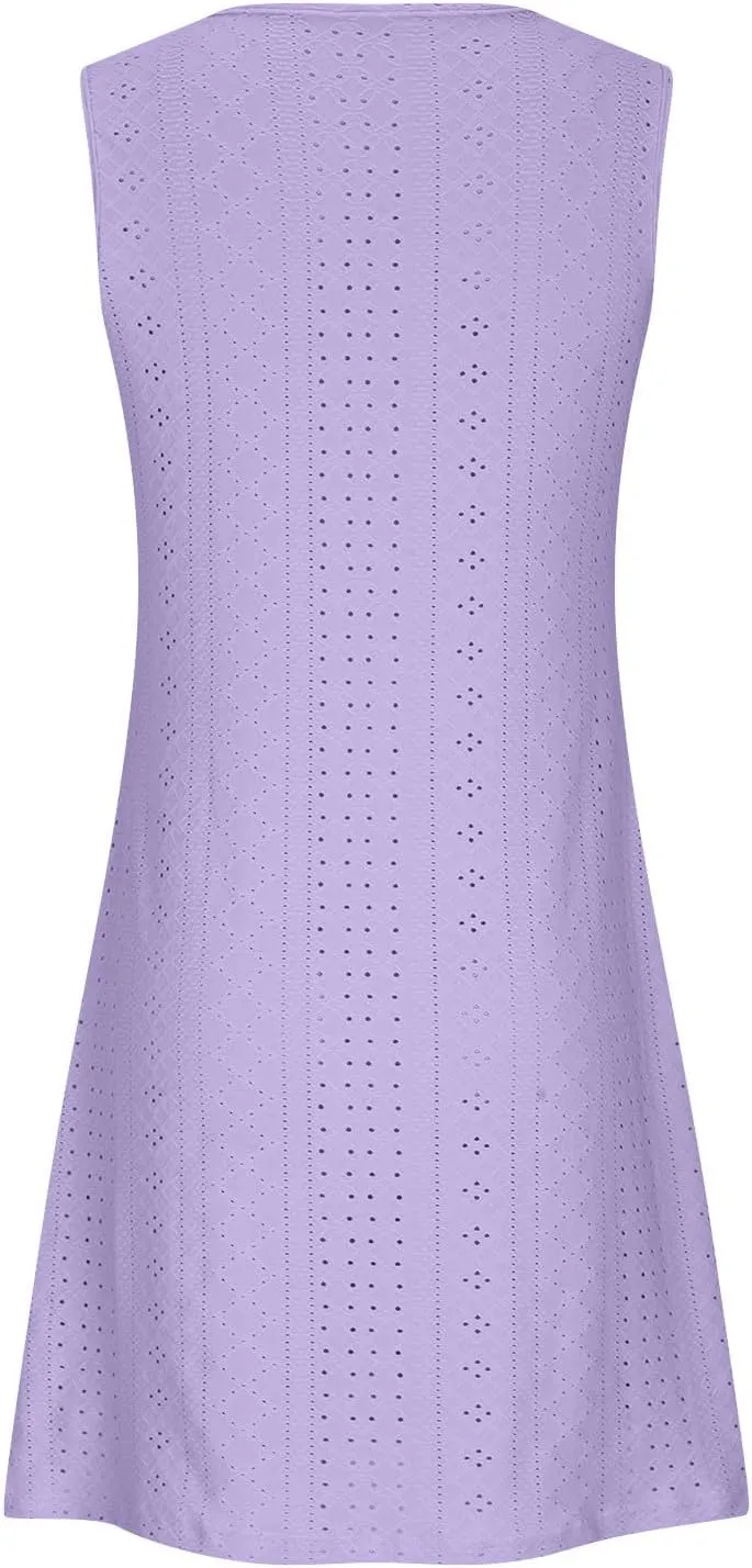 Womens Summer Dresses 2025 Eyelet Sleeveless Tank Dress Scoop Neck A Line Swing Dress Flowy Beach Sundress