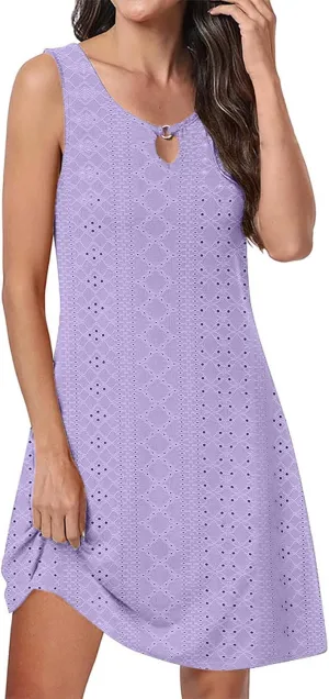 Womens Summer Dresses 2025 Eyelet Sleeveless Tank Dress Scoop Neck A Line Swing Dress Flowy Beach Sundress