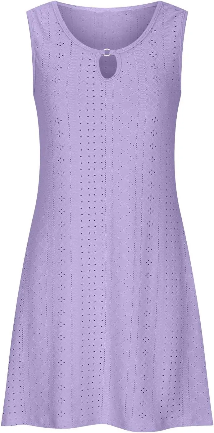 Womens Summer Dresses 2025 Eyelet Sleeveless Tank Dress Scoop Neck A Line Swing Dress Flowy Beach Sundress