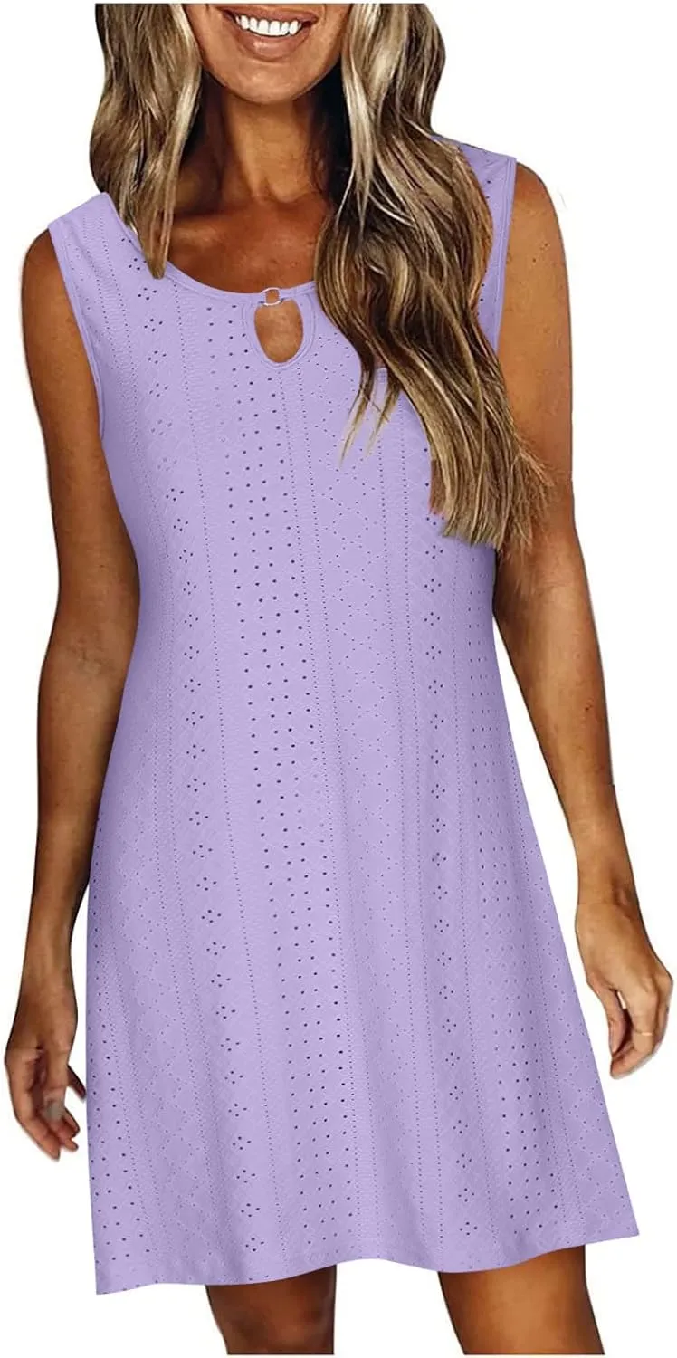 Womens Summer Dresses 2025 Eyelet Sleeveless Tank Dress Scoop Neck A Line Swing Dress Flowy Beach Sundress