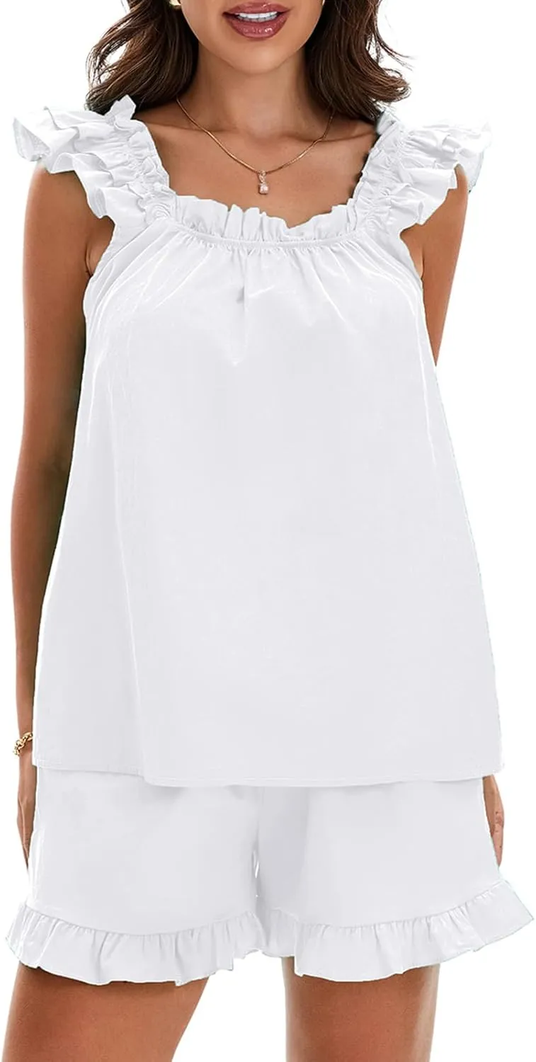 Womens Summer Ruffle 2 Piece Set Solid Color Sleeveless Backless Pajamas Sets Cute Trim Cami and Casual Shorts Set