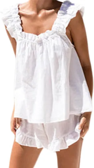 Womens Summer Ruffle 2 Piece Set Solid Color Sleeveless Backless Pajamas Sets Cute Trim Cami and Casual Shorts Set