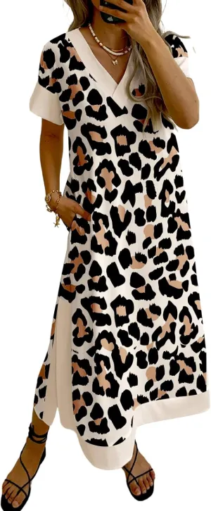 Women's V-Neck Animal Print Maxi Dress with Pockets Short Sleeve Loose Fit Casual Summer Vacation Outdoor Wear