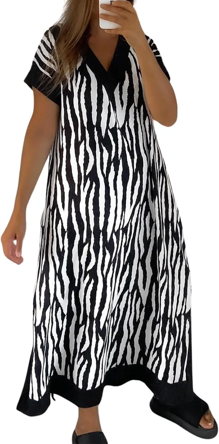 Women's V-Neck Animal Print Maxi Dress with Pockets Short Sleeve Loose Fit Casual Summer Vacation Outdoor Wear