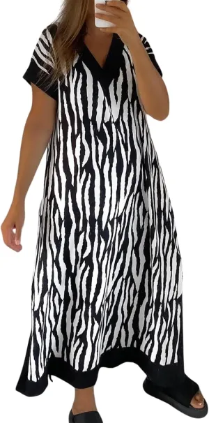 Women's V-Neck Animal Print Maxi Dress with Pockets Short Sleeve Loose Fit Casual Summer Vacation Outdoor Wear