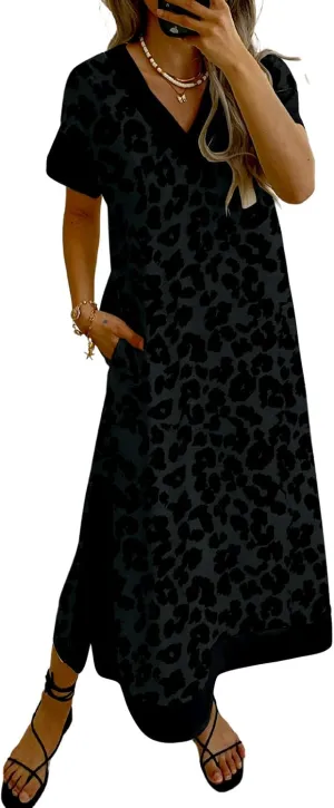 Women's V-Neck Animal Print Maxi Dress with Pockets Short Sleeve Loose Fit Casual Summer Vacation Outdoor Wear