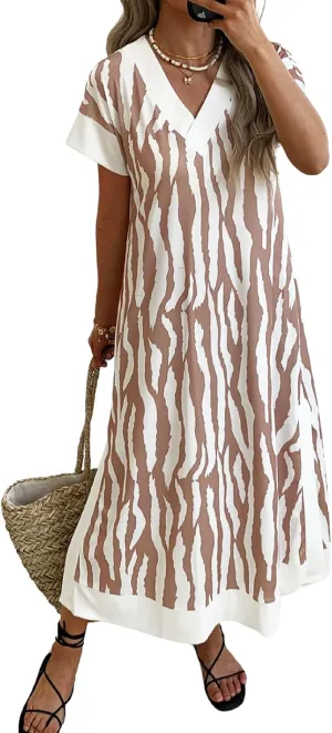 Women's V-Neck Animal Print Maxi Dress with Pockets Short Sleeve Loose Fit Casual Summer Vacation Outdoor Wear