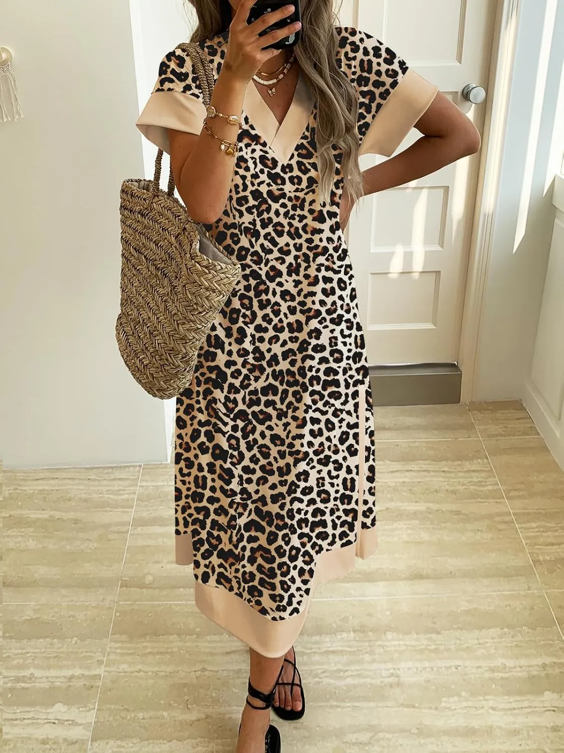 Women's V-Neck Animal Print Maxi Dress with Pockets Short Sleeve Loose Fit Casual Summer Vacation Outdoor Wear