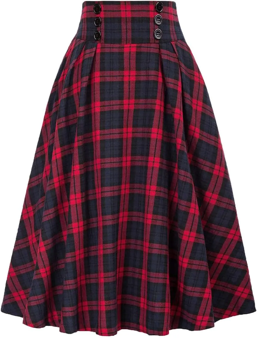 Women's Vintage High Waisted A Line Pleated Casual Plaid Midi Skirts