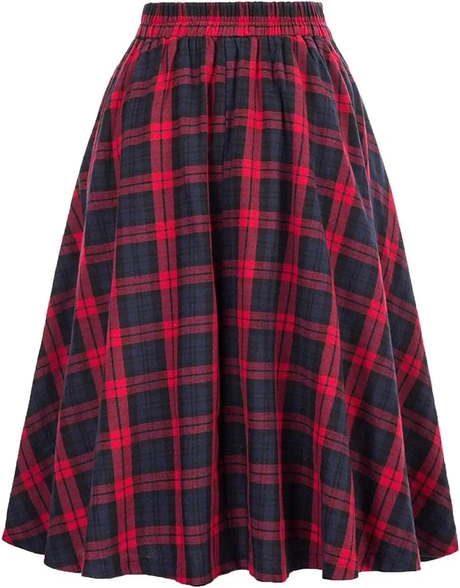 Women's Vintage High Waisted A Line Pleated Casual Plaid Midi Skirts