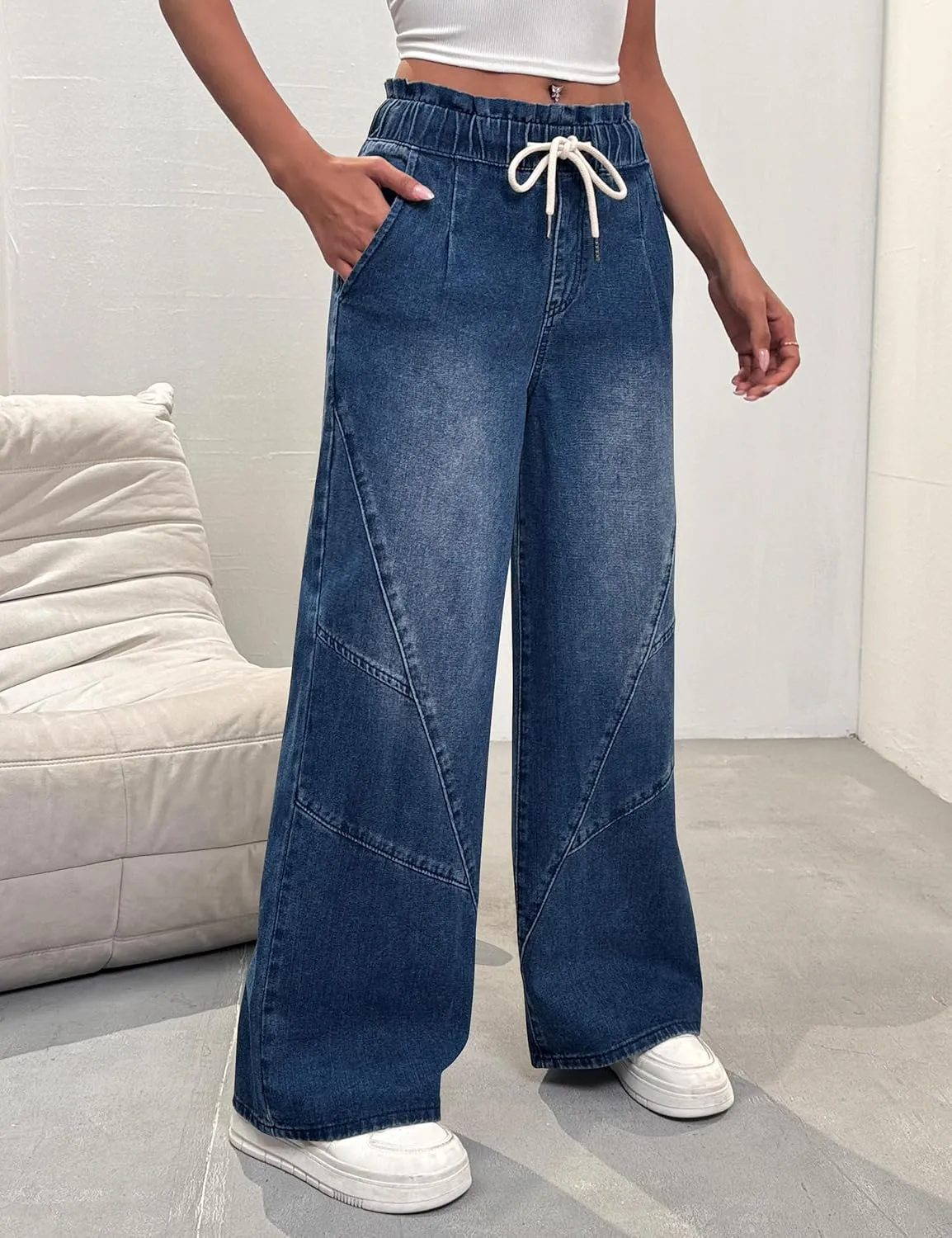 Women's Wide Leg Baggy Jeans Elastic High Waist Barrel Jean Loose Boyfriend Denim Pants with Drawstring