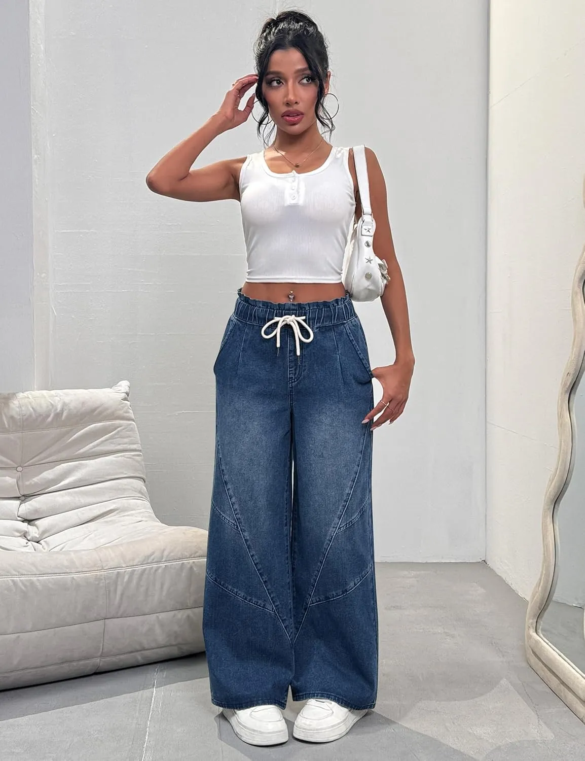 Women's Wide Leg Baggy Jeans Elastic High Waist Barrel Jean Loose Boyfriend Denim Pants with Drawstring