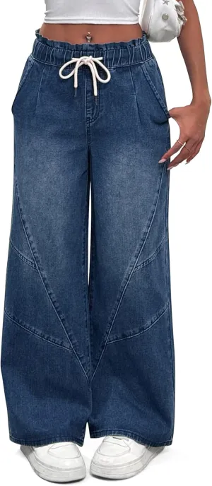 Women's Wide Leg Baggy Jeans Elastic High Waist Barrel Jean Loose Boyfriend Denim Pants with Drawstring
